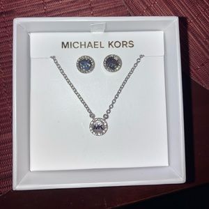 MICHAEL KORS Gift SET Silver MKLogo Necklace& Earrings Crystals Pave, Brand New
